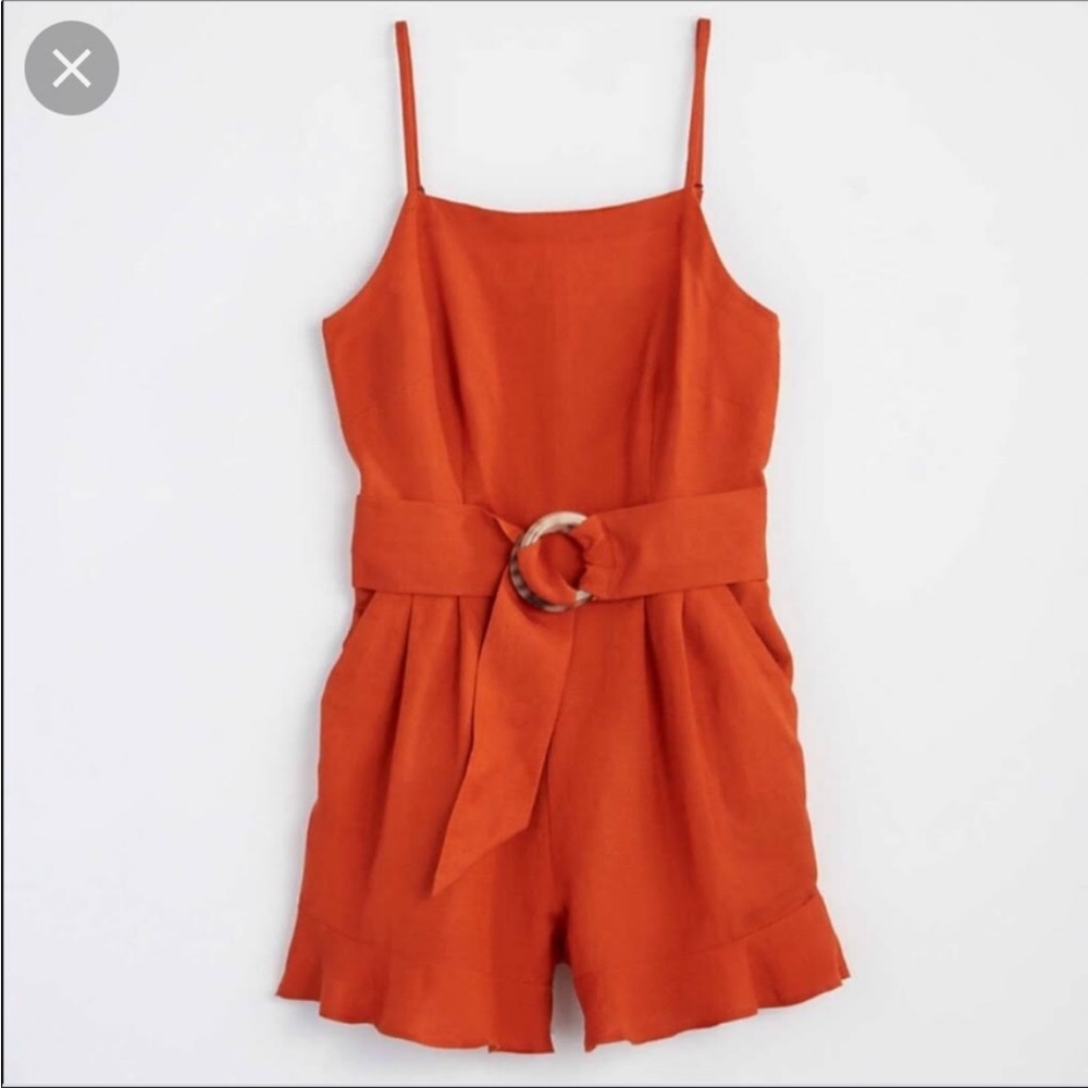 Loft ruffle belted linen romper with pockets size 0 orange